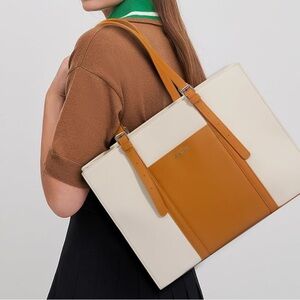 Tan and Cream Structured Canvas Faux Laptop Tote with Tassel